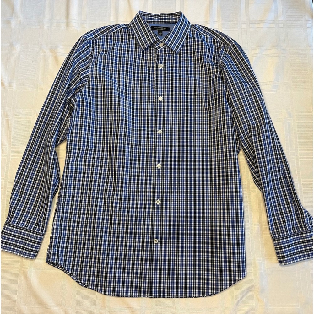Banana Republic Shirt Mens L Blue Plaid Non-Iron Slim Fit Button Down Cotton